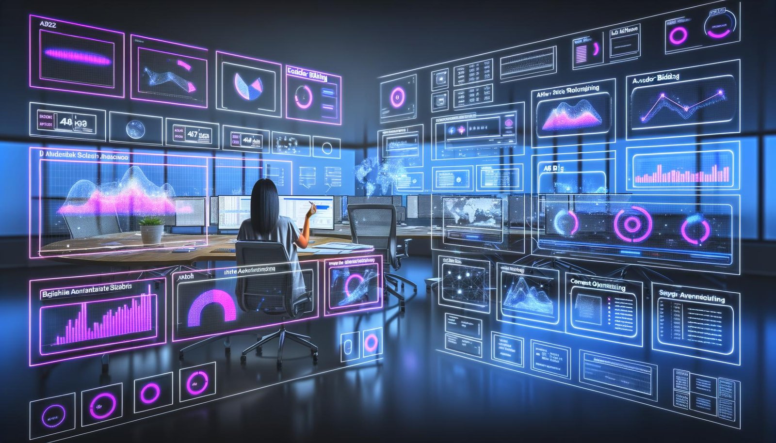 Digitaler Workspace mit mehreren Bildschirmen, die dynamische Werbeanalysen, A/B-Test-Ergebnisse und Gebotsdiagramme zeigen. Im Vordergrund ein Marketer, umgeben von Interface-Elementen zu Header Bidding, Yield Optimierung und Consent Management.