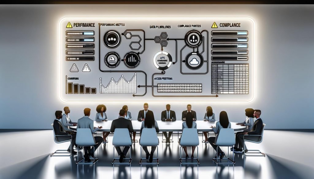 Digitales Marketing-Team analysiert Performance-Kennzahlen, Datenquellen und APIs an leuchtenden Dashboards in einem modernen Büro.