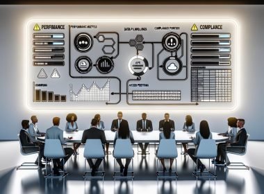 Digitales Marketing-Team analysiert Performance-Kennzahlen, Datenquellen und APIs an leuchtenden Dashboards in einem modernen Büro.