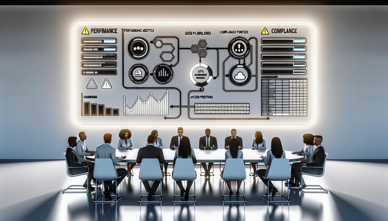 Digitales Marketing-Team analysiert Performance-Kennzahlen, Datenquellen und APIs an leuchtenden Dashboards in einem modernen Büro.