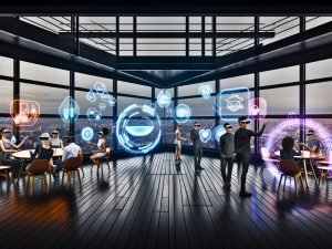 Hyperrealistische XR-Marketing Szene mit Menschen, die AR- und MR-Brillen tragen. Digitale 3D-Werbeobjekte und transparente Werbelayer schweben über einem echten Tisch in einem futuristischen Loft mit Ausblick auf die Stadt.