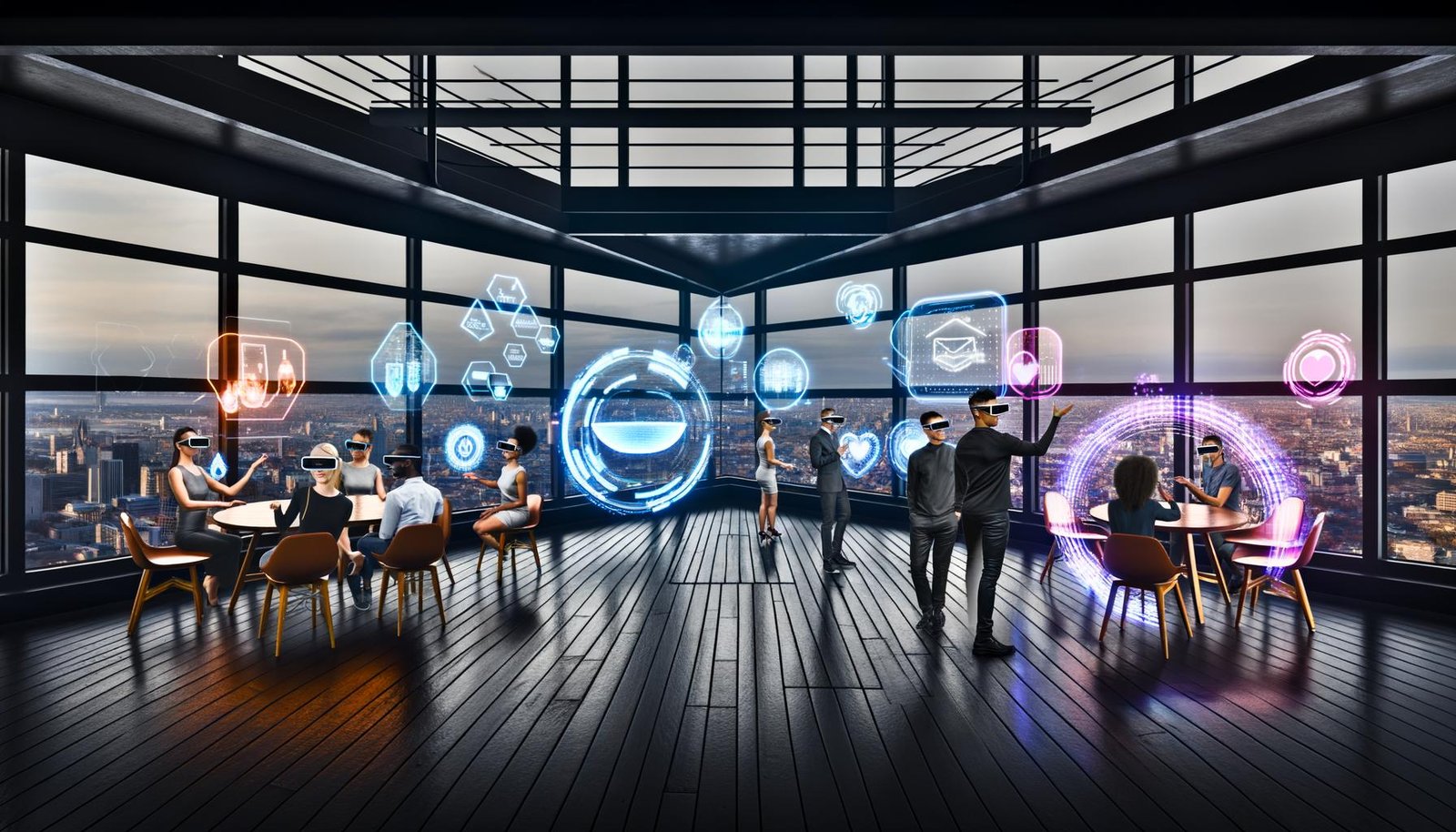 Hyperrealistische XR-Marketing Szene mit Menschen, die AR- und MR-Brillen tragen. Digitale 3D-Werbeobjekte und transparente Werbelayer schweben über einem echten Tisch in einem futuristischen Loft mit Ausblick auf die Stadt.