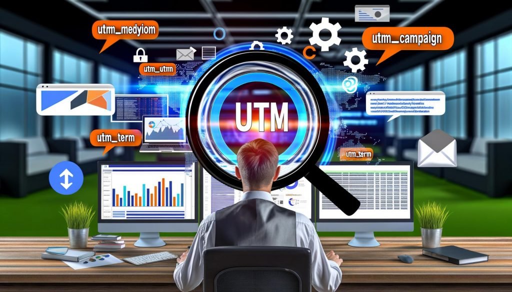 Marketer sitzt im modernen Büro vor Analyse-Dashboards und untersucht mit einer Lupe eine URL mit allen fünf UTM-Parametern, umgeben von digitalen Marketingelementen.