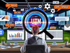 Marketer sitzt im modernen Büro vor Analyse-Dashboards und untersucht mit einer Lupe eine URL mit allen fünf UTM-Parametern, umgeben von digitalen Marketingelementen.