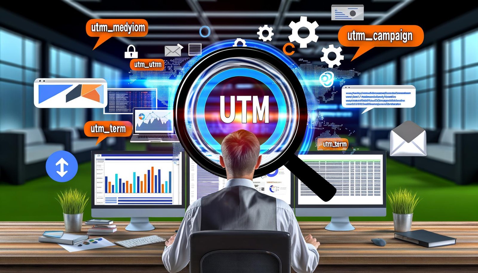 Marketer sitzt im modernen Büro vor Analyse-Dashboards und untersucht mit einer Lupe eine URL mit allen fünf UTM-Parametern, umgeben von digitalen Marketingelementen.