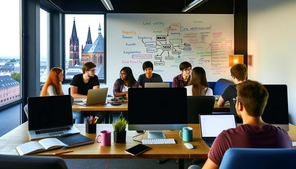 Junge Fachleute arbeiten in einer kreativen Büroumgebung in Mainz an Laptops, mit Whiteboard voller SEO-Diagramme und Blick auf den Mainzer Dom.