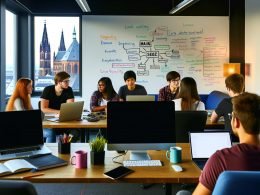 Junge Fachleute arbeiten in einer kreativen Büroumgebung in Mainz an Laptops, mit Whiteboard voller SEO-Diagramme und Blick auf den Mainzer Dom.