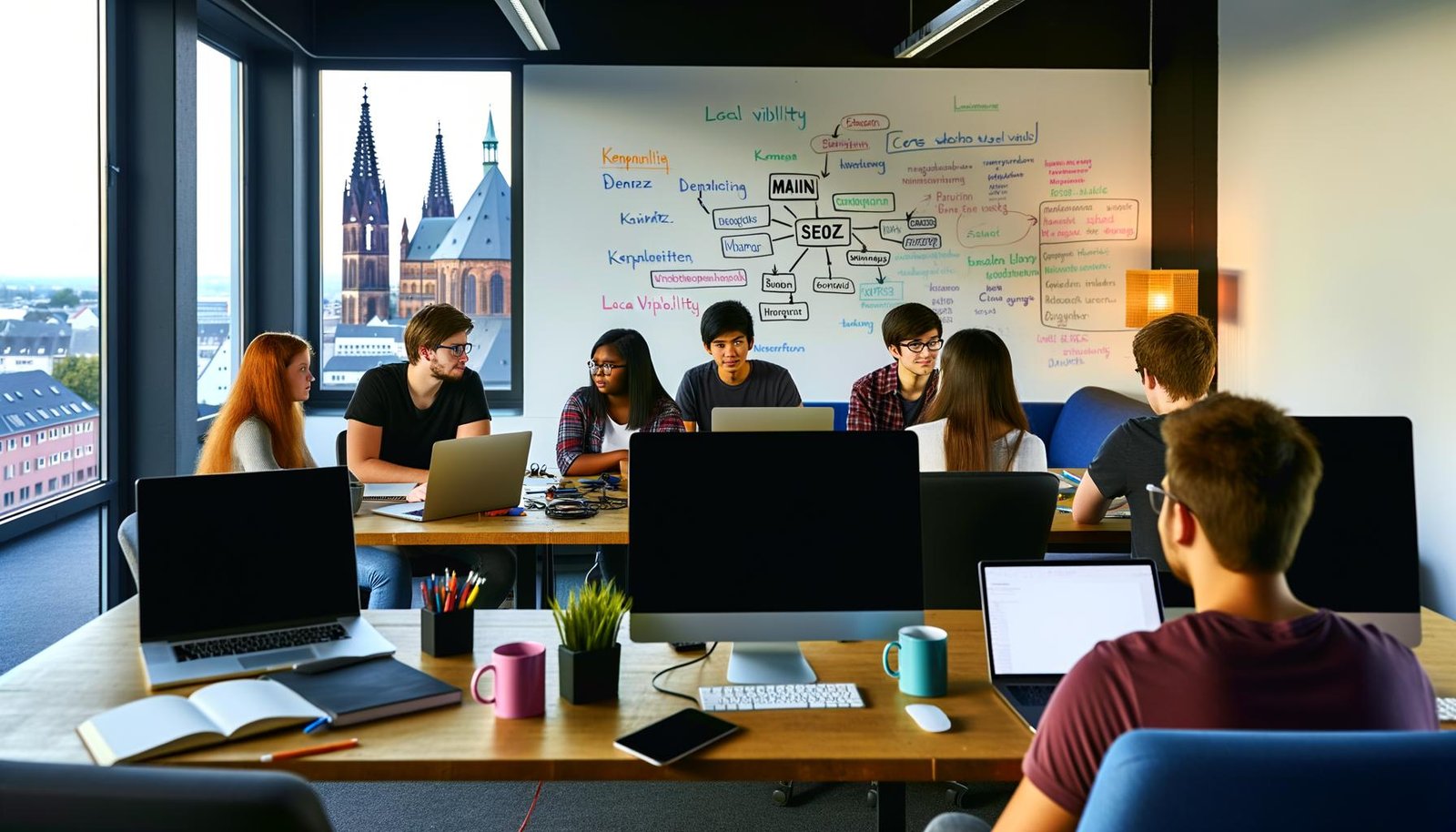 Junge Fachleute arbeiten in einer kreativen Büroumgebung in Mainz an Laptops, mit Whiteboard voller SEO-Diagramme und Blick auf den Mainzer Dom.