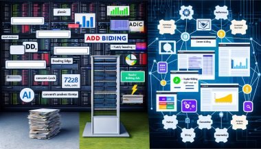 Digitale Collage mit Vergleich zwischen klassischer Werbeanzeigen-Strategie mit AdSense und modernen Ads Revenue-Technologien wie Header Bidding, Native, Video- und Sticky-Ads sowie Analysetools.