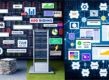Digitale Collage mit Vergleich zwischen klassischer Werbeanzeigen-Strategie mit AdSense und modernen Ads Revenue-Technologien wie Header Bidding, Native, Video- und Sticky-Ads sowie Analysetools.