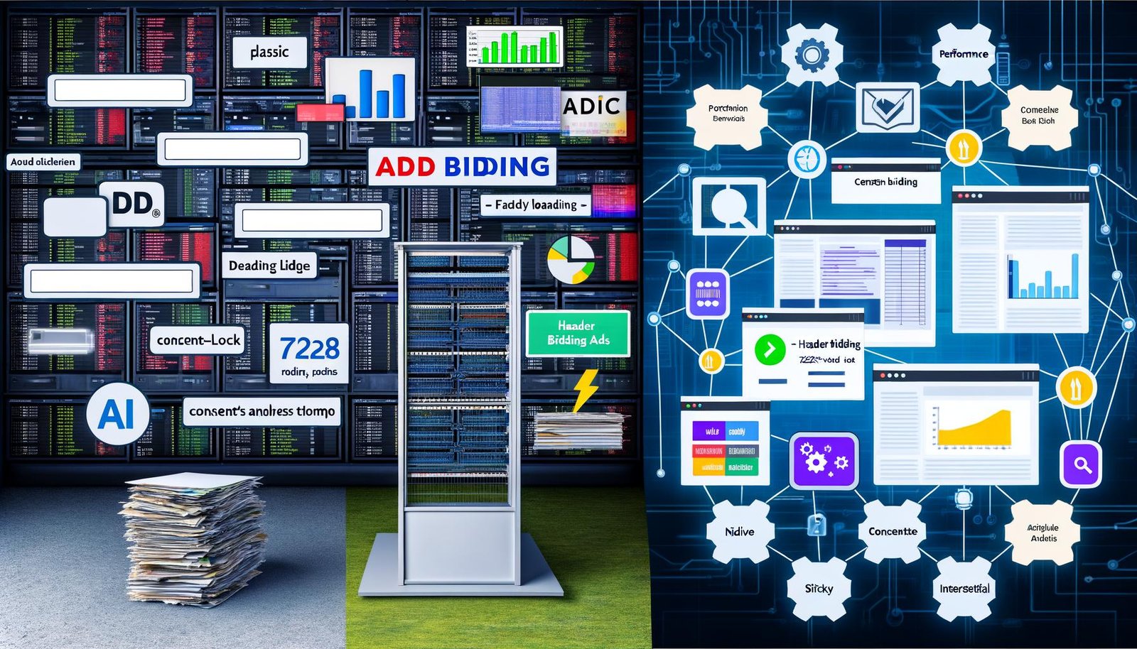Digitale Collage mit Vergleich zwischen klassischer Werbeanzeigen-Strategie mit AdSense und modernen Ads Revenue-Technologien wie Header Bidding, Native, Video- und Sticky-Ads sowie Analysetools.
