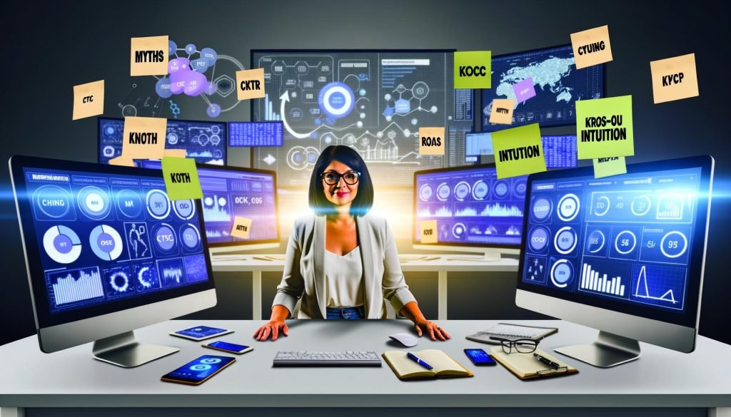 Smarte Marketerin mittleren Alters am modernen Schreibtisch vor Monitoren mit Marketing-Analytics, umgeben von Notizzetteln, Whiteboard und Skalpell-Symbol für datengesteuertes Arbeiten.