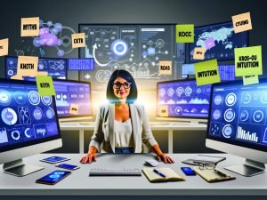 Smarte Marketerin mittleren Alters am modernen Schreibtisch vor Monitoren mit Marketing-Analytics, umgeben von Notizzetteln, Whiteboard und Skalpell-Symbol für datengesteuertes Arbeiten.