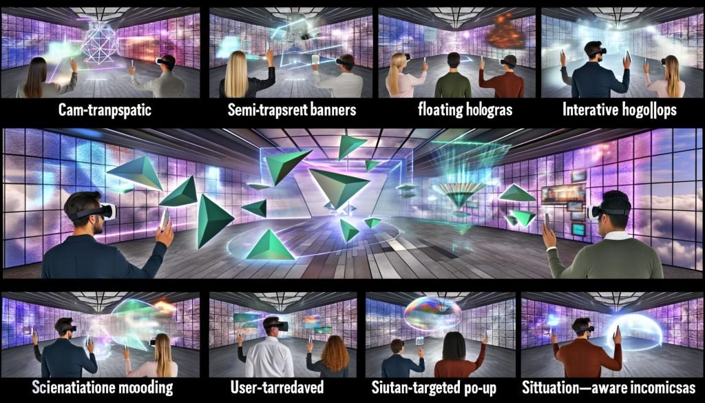 Eine futuristische XR-Szenerie mit holografischen, schwebenden Werbebannern, virtuellen Plakaten und Popups, die sich an Nutzer mit AR/VR-Headsets anpassen.
