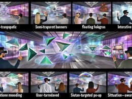 Eine futuristische XR-Szenerie mit holografischen, schwebenden Werbebannern, virtuellen Plakaten und Popups, die sich an Nutzer mit AR/VR-Headsets anpassen.