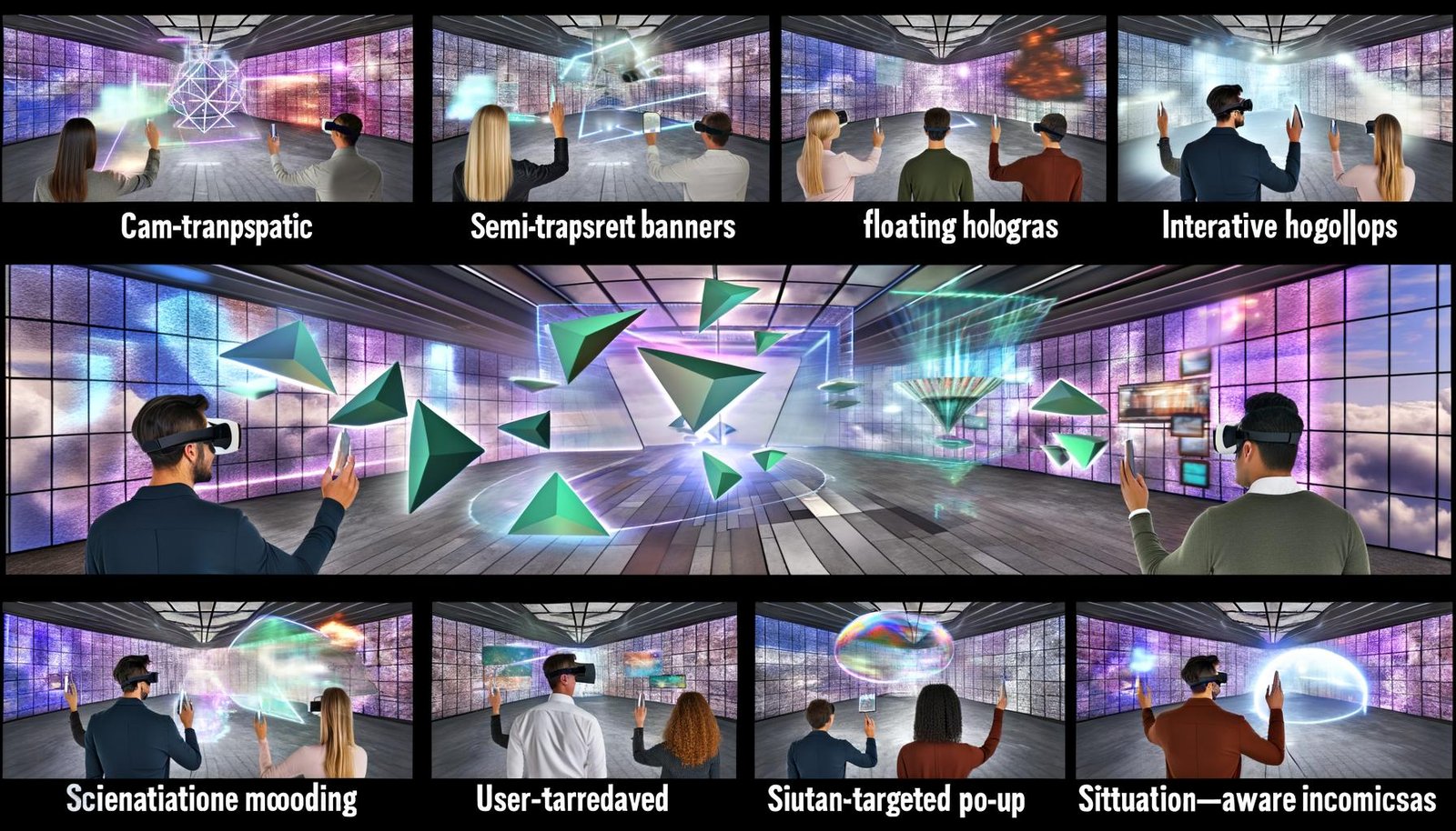 Eine futuristische XR-Szenerie mit holografischen, schwebenden Werbebannern, virtuellen Plakaten und Popups, die sich an Nutzer mit AR/VR-Headsets anpassen.