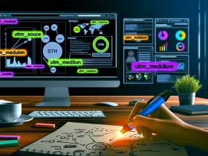 Dunkler, moderner Arbeitsplatz mit Monitoren, die Analytics-Dashboards und markierte UTM-Parameter zeigen, daneben Marketing-Notizblock, Kaffeetasse und QR-Code.