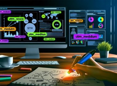 Dunkler, moderner Arbeitsplatz mit Monitoren, die Analytics-Dashboards und markierte UTM-Parameter zeigen, daneben Marketing-Notizblock, Kaffeetasse und QR-Code.