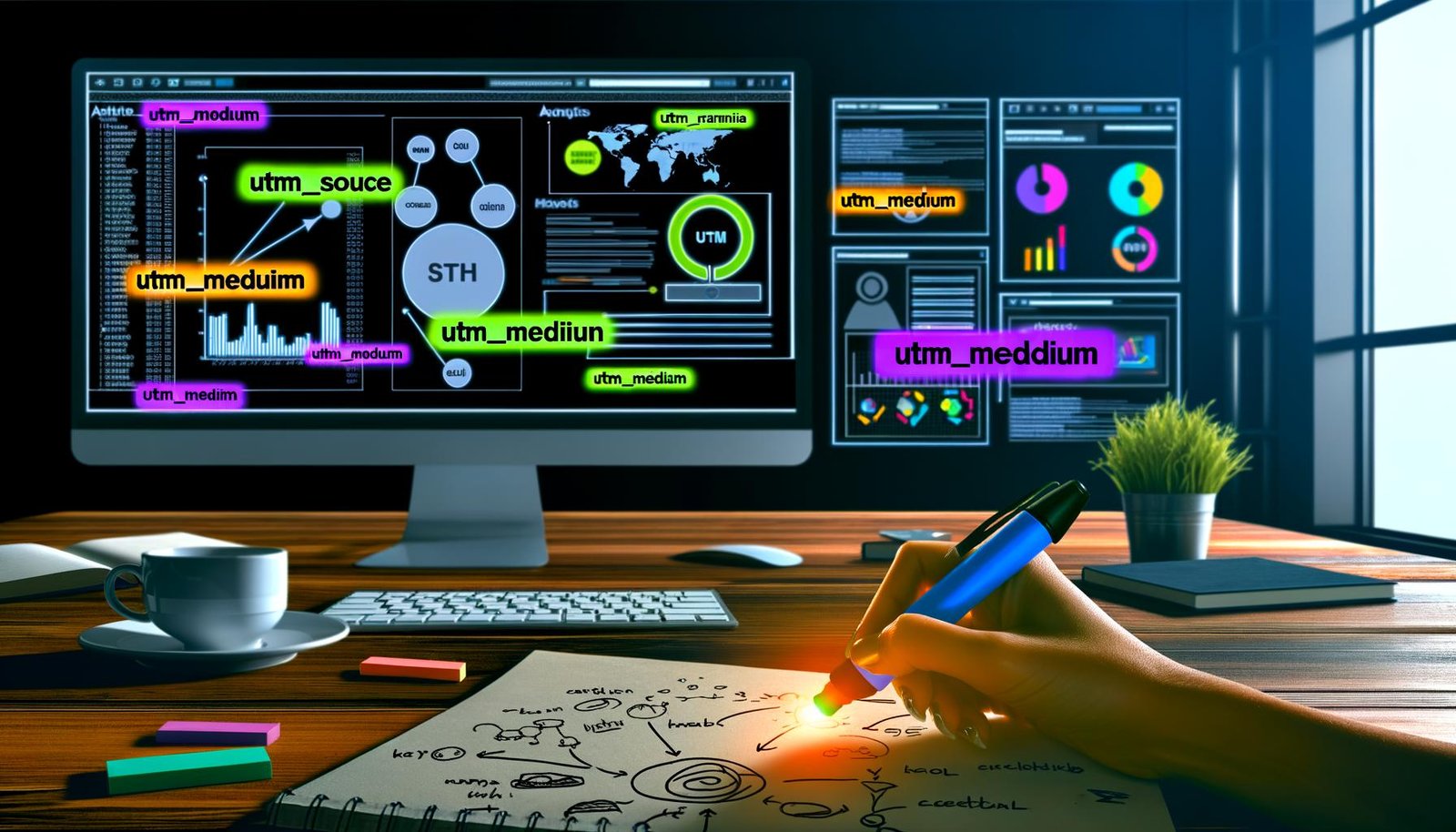 Dunkler, moderner Arbeitsplatz mit Monitoren, die Analytics-Dashboards und markierte UTM-Parameter zeigen, daneben Marketing-Notizblock, Kaffeetasse und QR-Code.