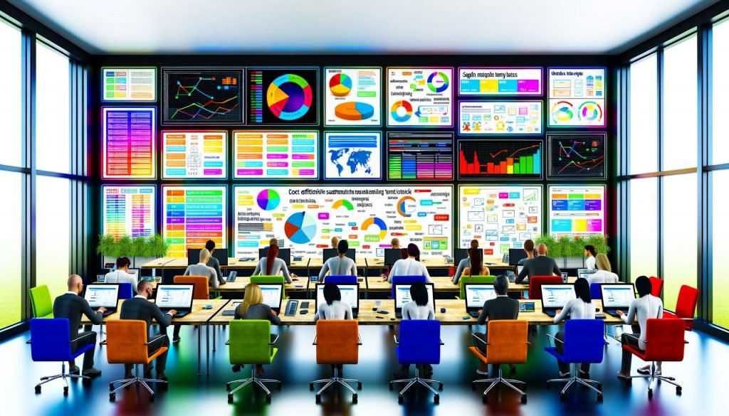 Diverses Team aus Digital Marketers arbeitet konzentriert im modernen Büro mit Laptops, großen Monitoren und kostenlosen SEO-Tools. Die Wand ist mit Notizen, SERP-Charts und Sitemaps ausgefüllt, während die UIs von PageSpeed Insights, Google Search Console und weiteren prominent zu sehen sind.