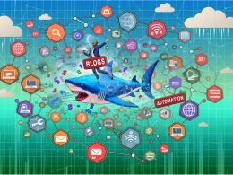 Stilisiertes Editorial-Bild eines digitalen Haifischbeckens mit Blogs, API- und Automatisierungs-Icons, Datenströmen, Suchleisten und einem führenden Blogger inmitten hilfloser Marketer im Technik-Look 2025.