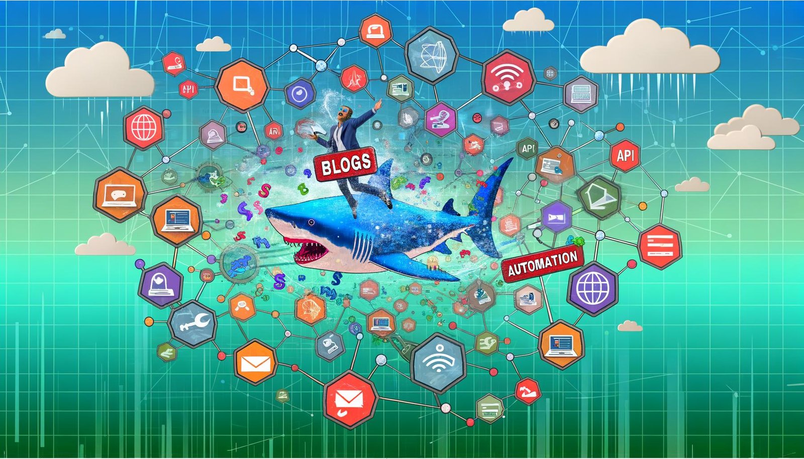 Stilisiertes Editorial-Bild eines digitalen Haifischbeckens mit Blogs, API- und Automatisierungs-Icons, Datenströmen, Suchleisten und einem führenden Blogger inmitten hilfloser Marketer im Technik-Look 2025.
