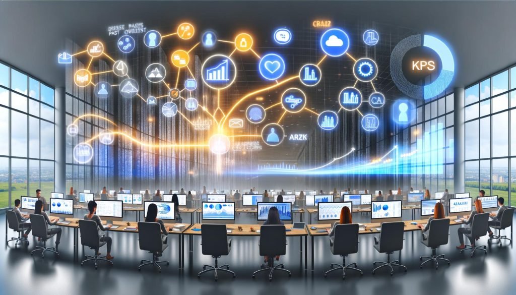 Großraumbüro mit Marketing-Team vor digitalen Dashboards, zentrale KPIs auf leuchtendem Monitor; visuelle Gegenüberstellung von Datenchaos und integriertem Dashboard, Infografik mit Schritten von Zieldefinition bis Optimierung, Tech-Symbole wie BigQuery, Stolperfallen wie Datensilos und ein Marketer an einer Kommandozentrale.