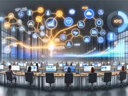 Großraumbüro mit Marketing-Team vor digitalen Dashboards, zentrale KPIs auf leuchtendem Monitor; visuelle Gegenüberstellung von Datenchaos und integriertem Dashboard, Infografik mit Schritten von Zieldefinition bis Optimierung, Tech-Symbole wie BigQuery, Stolperfallen wie Datensilos und ein Marketer an einer Kommandozentrale.