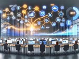 Großraumbüro mit Marketing-Team vor digitalen Dashboards, zentrale KPIs auf leuchtendem Monitor; visuelle Gegenüberstellung von Datenchaos und integriertem Dashboard, Infografik mit Schritten von Zieldefinition bis Optimierung, Tech-Symbole wie BigQuery, Stolperfallen wie Datensilos und ein Marketer an einer Kommandozentrale.
