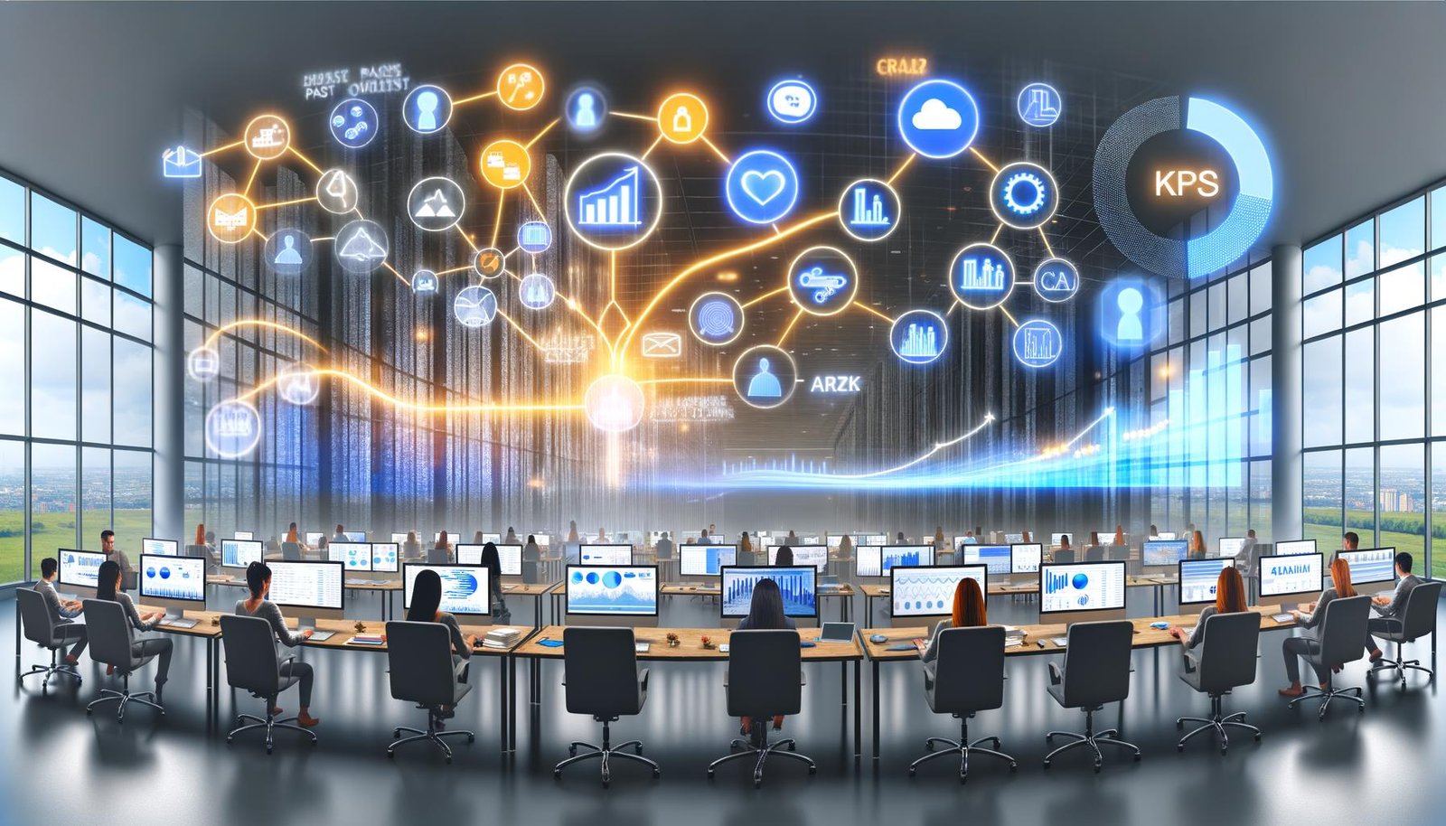 Großraumbüro mit Marketing-Team vor digitalen Dashboards, zentrale KPIs auf leuchtendem Monitor; visuelle Gegenüberstellung von Datenchaos und integriertem Dashboard, Infografik mit Schritten von Zieldefinition bis Optimierung, Tech-Symbole wie BigQuery, Stolperfallen wie Datensilos und ein Marketer an einer Kommandozentrale.