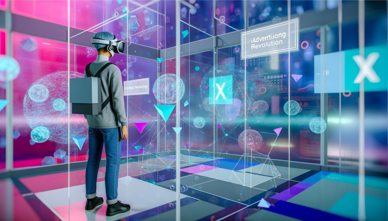 Person mit futuristischem XR-Headset in bunter, digitaler Umgebung mit schwebenden Hologramm-Werbeanzeigen und transparenten Bannern