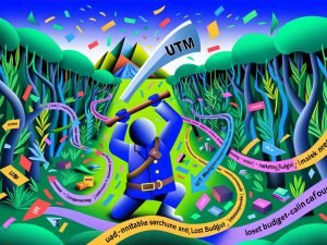Illustration eines Marketers als Entdecker mit UTM-Machete, der sich durch einen wilden digitalen URL-Dschungel schlägt und im Hintergrund eine helle Oase des Marketingerfolgs sieht.