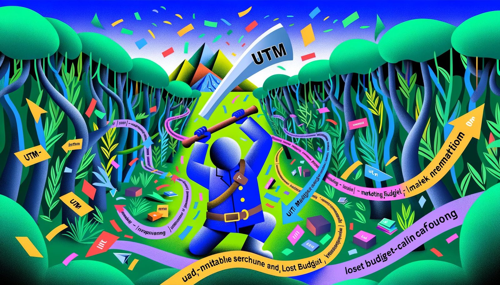 Illustration eines Marketers als Entdecker mit UTM-Machete, der sich durch einen wilden digitalen URL-Dschungel schlägt und im Hintergrund eine helle Oase des Marketingerfolgs sieht.