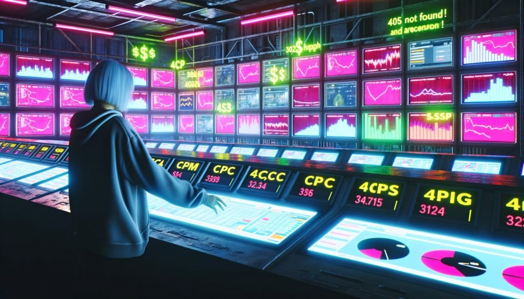 Futuristischer, neonbeleuchteter Kontrollraum voller Bildschirme mit Werbeanalysen, Echtzeitauktionen und Abkürzungen wie CPM, CPC, RTB, SSP; eine Person im Hoodie betrachtet aufmerksam ein leuchtendes Touchpanel, im Hintergrund große digitale Tafeln mit 404-Fehler und Dollar-Icons.