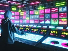 Futuristischer, neonbeleuchteter Kontrollraum voller Bildschirme mit Werbeanalysen, Echtzeitauktionen und Abkürzungen wie CPM, CPC, RTB, SSP; eine Person im Hoodie betrachtet aufmerksam ein leuchtendes Touchpanel, im Hintergrund große digitale Tafeln mit 404-Fehler und Dollar-Icons.