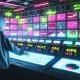Futuristischer, neonbeleuchteter Kontrollraum voller Bildschirme mit Werbeanalysen, Echtzeitauktionen und Abkürzungen wie CPM, CPC, RTB, SSP; eine Person im Hoodie betrachtet aufmerksam ein leuchtendes Touchpanel, im Hintergrund große digitale Tafeln mit 404-Fehler und Dollar-Icons.