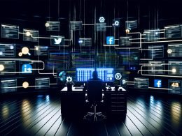 Düsterer Maschinenraum mit moderner Technik, Schreibtisch mit SEO-Tools, Datenströmen, Social-Media-Kanälen und Blogger bei der digitalen Strategiearbeit