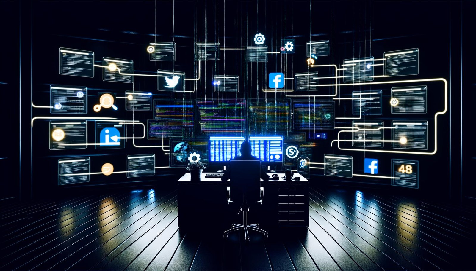 Düsterer Maschinenraum mit moderner Technik, Schreibtisch mit SEO-Tools, Datenströmen, Social-Media-Kanälen und Blogger bei der digitalen Strategiearbeit