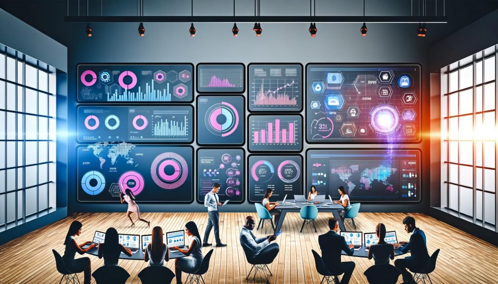 Marketing-Team analysiert KPIs und Performance-Metriken auf Dashboards in einem modernen Hightech-Büro mit Datenvisualisierungen und authentischem Arbeitsumfeld.