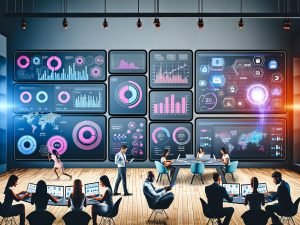 Marketing-Team analysiert KPIs und Performance-Metriken auf Dashboards in einem modernen Hightech-Büro mit Datenvisualisierungen und authentischem Arbeitsumfeld.