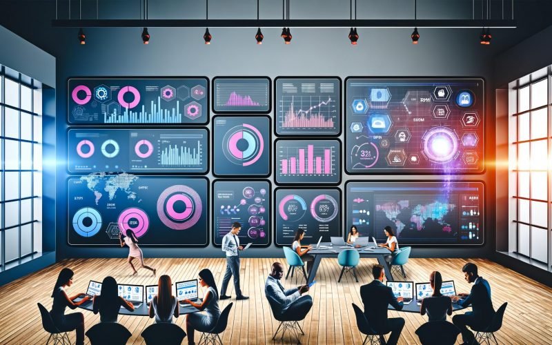 Marketing-Team analysiert KPIs und Performance-Metriken auf Dashboards in einem modernen Hightech-Büro mit Datenvisualisierungen und authentischem Arbeitsumfeld.
