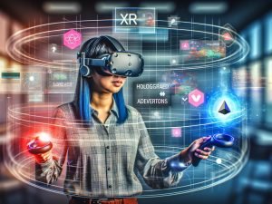 Entwickler mit Mixed Reality Headset integriert holografische 3D-Werbung und digitale Anzeigen in immersive XR-Umgebung innerhalb eines modernen Arbeitsplatzes.