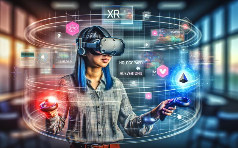 Entwickler mit Mixed Reality Headset integriert holografische 3D-Werbung und digitale Anzeigen in immersive XR-Umgebung innerhalb eines modernen Arbeitsplatzes.