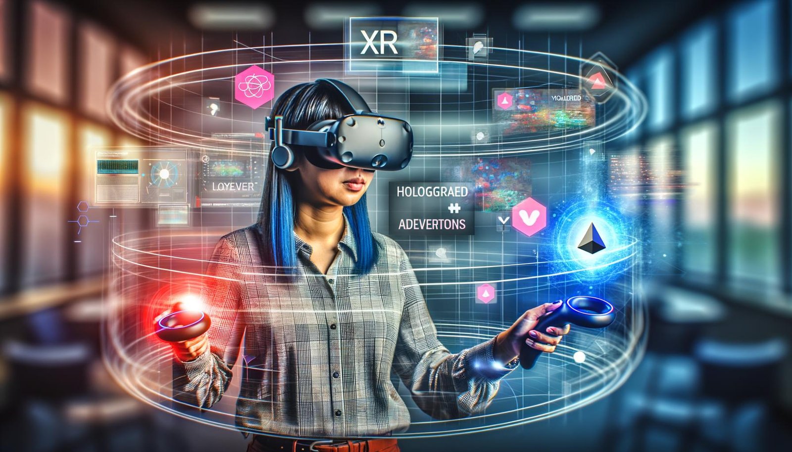 Entwickler mit Mixed Reality Headset integriert holografische 3D-Werbung und digitale Anzeigen in immersive XR-Umgebung innerhalb eines modernen Arbeitsplatzes.