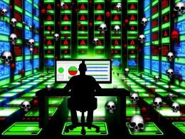Futuristische Illustration: Mensch vor komplexem SEO Dashboard mit Score-Karten und zerfallenden Webseiten in einer Matrix-Digitalwelt.