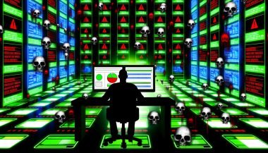 Futuristische Illustration: Mensch vor komplexem SEO Dashboard mit Score-Karten und zerfallenden Webseiten in einer Matrix-Digitalwelt.