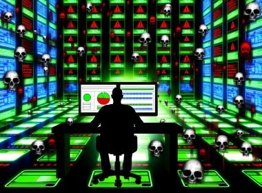 Futuristische Illustration: Mensch vor komplexem SEO Dashboard mit Score-Karten und zerfallenden Webseiten in einer Matrix-Digitalwelt.