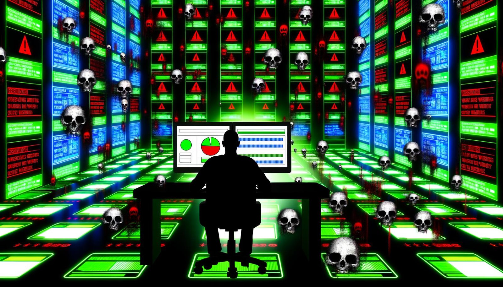 Futuristische Illustration: Mensch vor komplexem SEO Dashboard mit Score-Karten und zerfallenden Webseiten in einer Matrix-Digitalwelt.