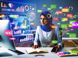 Energiegeladene Szene in einem modernen Homeoffice: Person vor großem Monitor mit SEO-, Social Media- und Blog-Statistiken, umgeben von bunten Post-its, offenen Notizbüchern, Smartphone und fliegenden Social Media Icons.