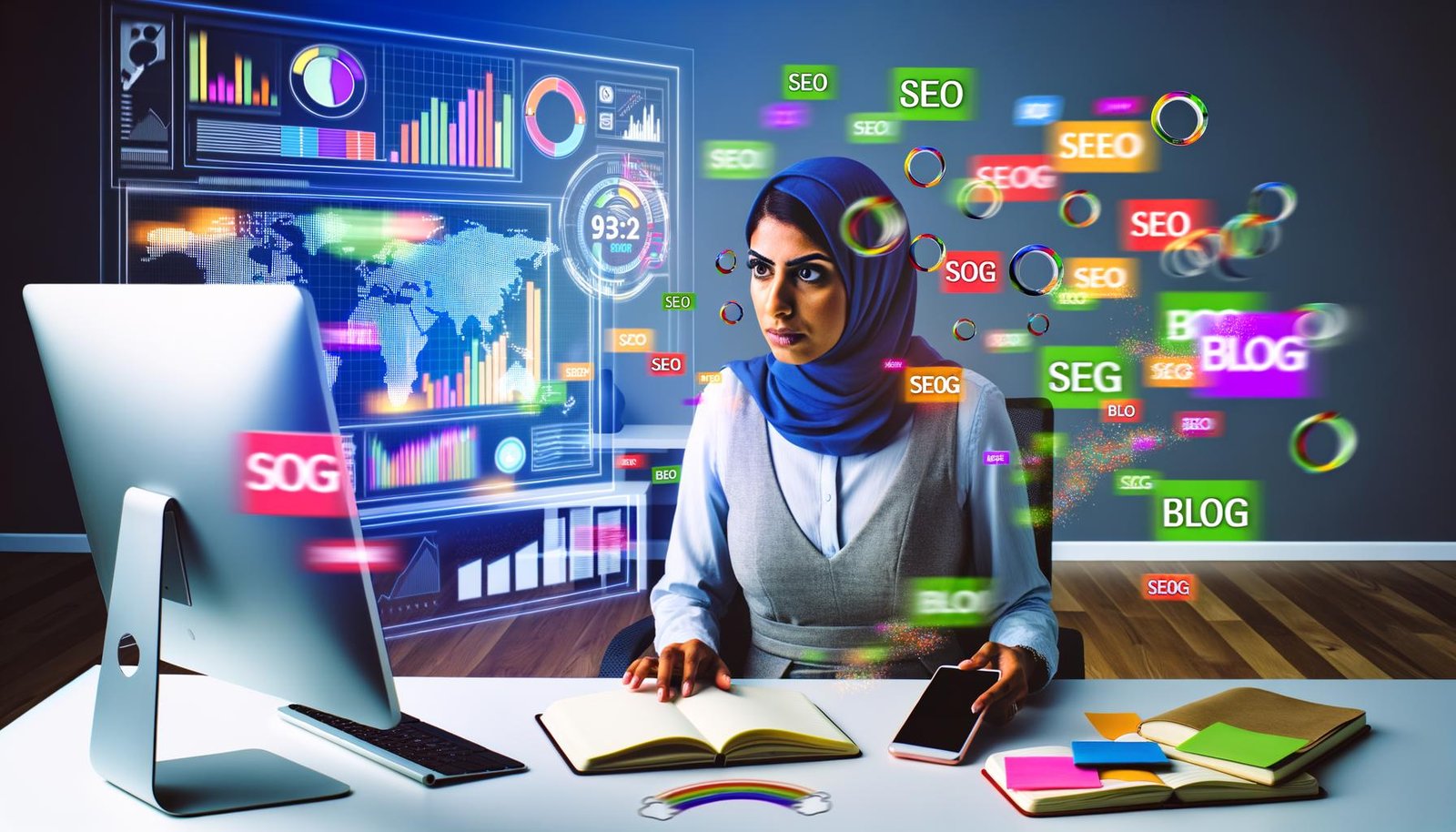 Energiegeladene Szene in einem modernen Homeoffice: Person vor großem Monitor mit SEO-, Social Media- und Blog-Statistiken, umgeben von bunten Post-its, offenen Notizbüchern, Smartphone und fliegenden Social Media Icons.